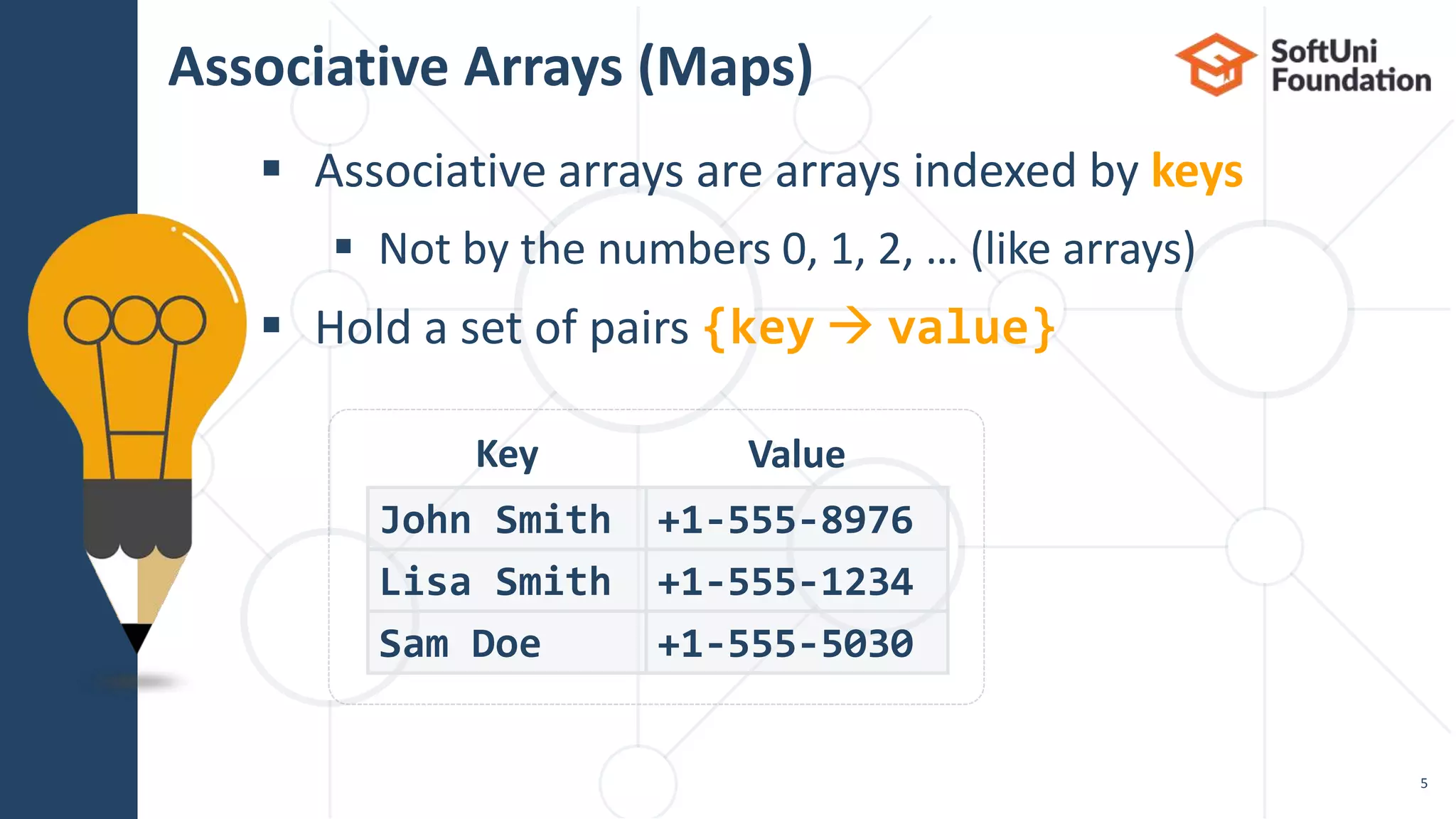  Associative arrays are arrays indexed by keys
 Not by the numbers 0, 1, 2, … (like arrays)
 Hold a set of pairs {key  value}
Associative Arrays (Maps)
5
John Smith +1-555-8976
Lisa Smith +1-555-1234
Sam Doe +1-555-5030
Key Value
 