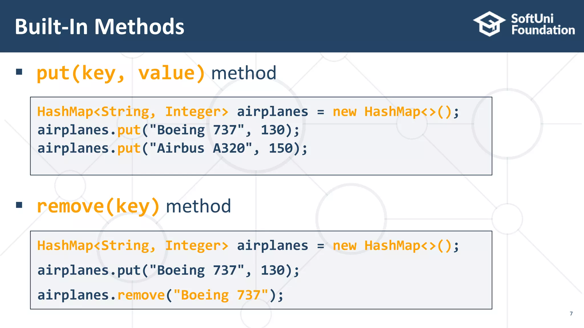  put(key, value) method
 remove(key) method
HashMap<String, Integer> airplanes = new HashMap<>();
airplanes.put("Boeing 737", 130);
airplanes.put("Airbus A320", 150);
Built-In Methods
7
HashMap<String, Integer> airplanes = new HashMap<>();
airplanes.put("Boeing 737", 130);
airplanes.remove("Boeing 737");
 