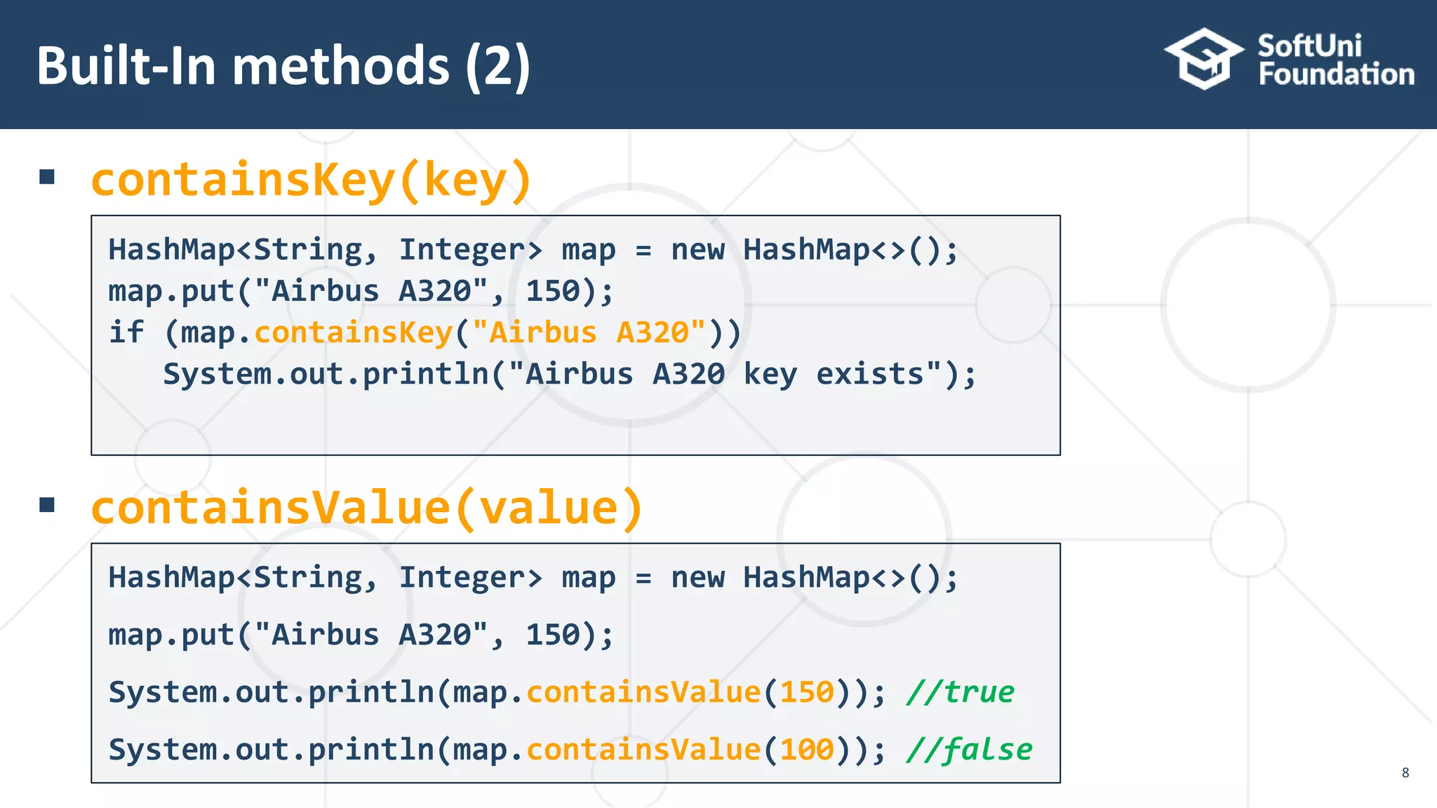  containsKey(key)
 containsValue(value)
HashMap<String, Integer> map = new HashMap<>();
map.put("Airbus A320", 150);
if (map.containsKey("Airbus A320"))
System.out.println("Airbus A320 key exists");
Built-In methods (2)
8
HashMap<String, Integer> map = new HashMap<>();
map.put("Airbus A320", 150);
System.out.println(map.containsValue(150)); //true
System.out.println(map.containsValue(100)); //false
 