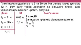 Плечі важеля дорівнюють 5 та 30 см. На менше плече діє сила
12 Н. Яку силу треба докласти до більшого плеча, щоб
урівноважити важіль? Зробіть рисунок.
𝑙1 = 5 см
𝑙2 = 30 см
𝐹1 = 12 Н
𝐹2−?
0,05 м
0,3 м
1 спосіб
Запишемо правило рівноваги важеля:
𝐹2
𝐹1
=
𝑙1
𝑙2
 