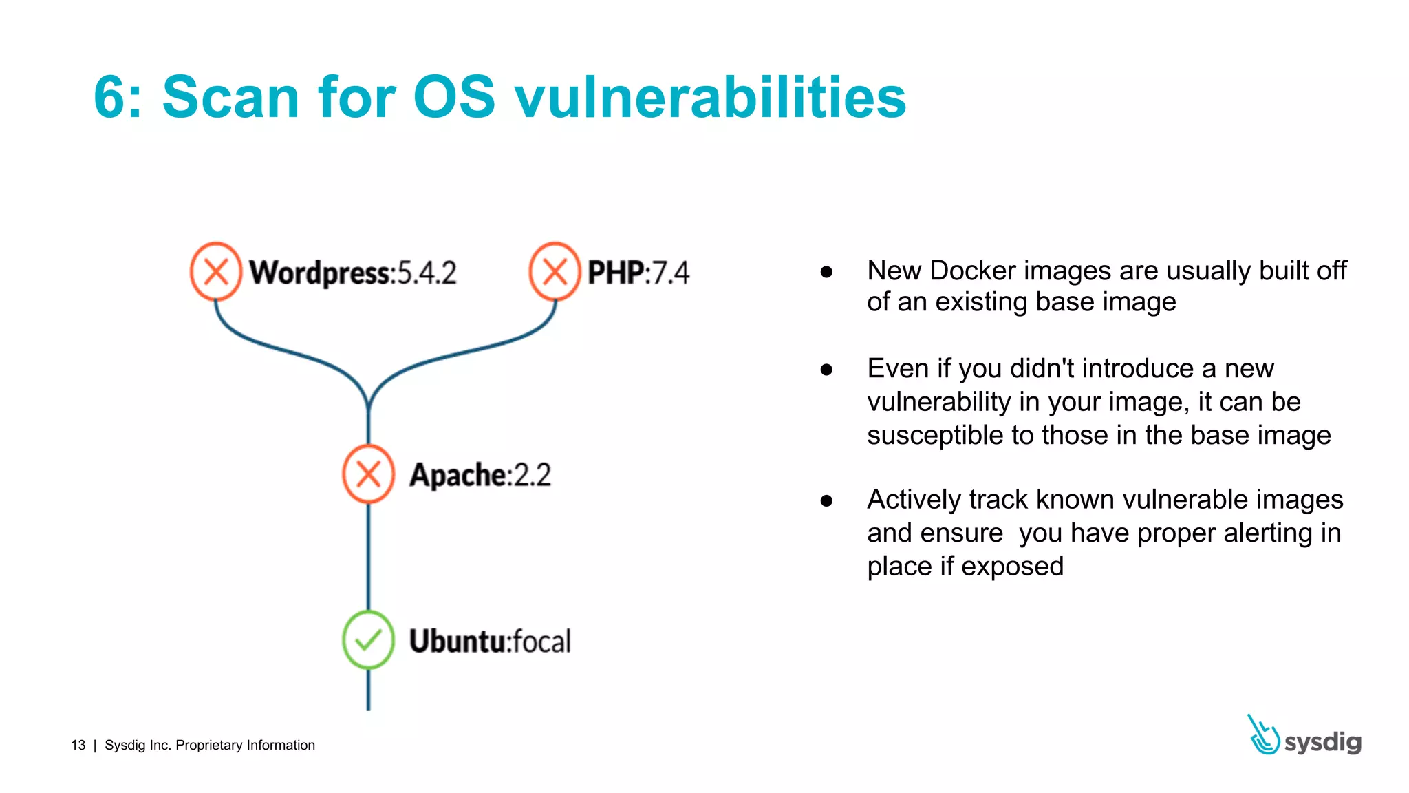 | Sysdig Inc. Proprietary Information13
6: Scan for OS vulnerabilities
● New Docker images are usually built off
of an existing base image
● Even if you didn't introduce a new
vulnerability in your image, it can be
susceptible to those in the base image
● Actively track known vulnerable images
and ensure you have proper alerting in
place if exposed
 