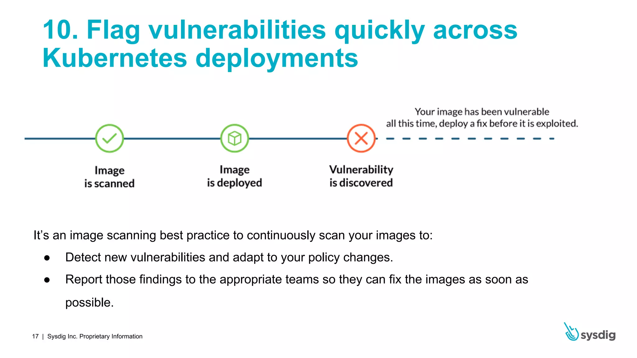 | Sysdig Inc. Proprietary Information17
10. Flag vulnerabilities quickly across
Kubernetes deployments
It’s an image scanning best practice to continuously scan your images to:
● Detect new vulnerabilities and adapt to your policy changes.
● Report those findings to the appropriate teams so they can fix the images as soon as
possible.
 