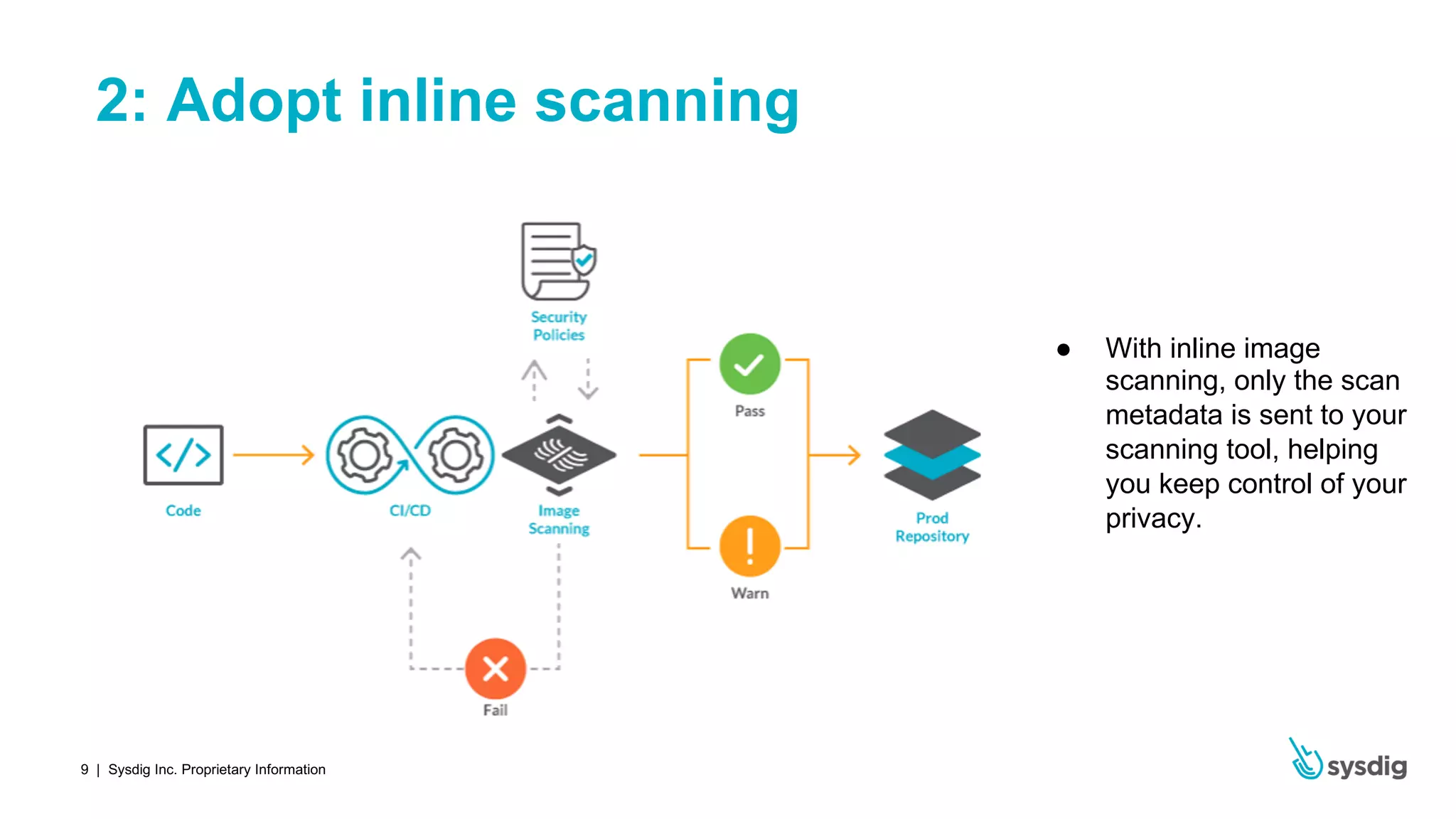 | Sysdig Inc. Proprietary Information9
2: Adopt inline scanning
● With inline image
scanning, only the scan
metadata is sent to your
scanning tool, helping
you keep control of your
privacy.
 