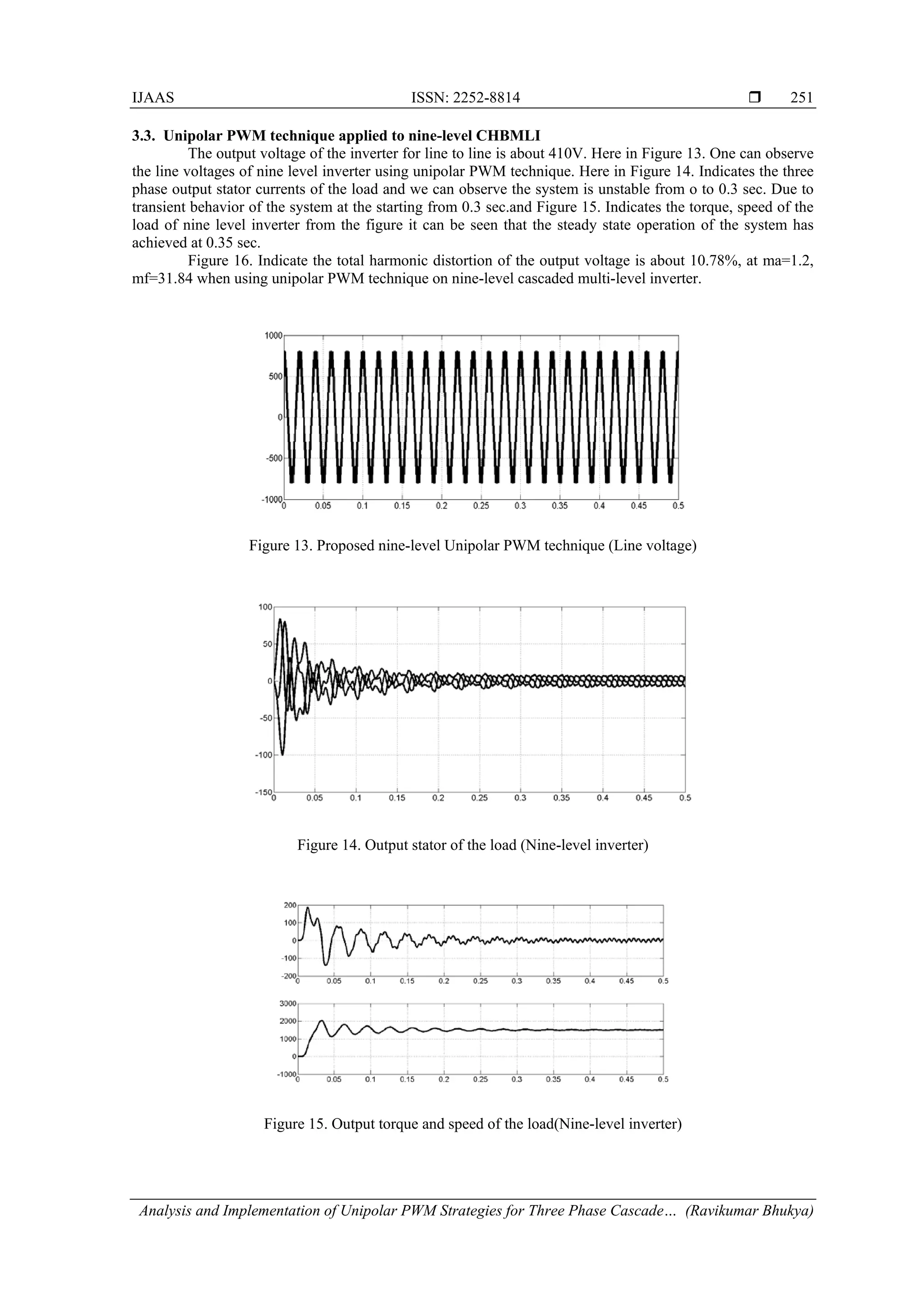 IJAAS ISSN: 2252-8814 
Analysis and Implementation of Unipolar PWM Strategies for Three Phase Cascade… (Ravikumar Bhukya)
251
3.3. Unipolar PWM technique applied to nine-level CHBMLI
The output voltage of the inverter for line to line is about 410V. Here in Figure 13. One can observe
the line voltages of nine level inverter using unipolar PWM technique. Here in Figure 14. Indicates the three
phase output stator currents of the load and we can observe the system is unstable from o to 0.3 sec. Due to
transient behavior of the system at the starting from 0.3 sec.and Figure 15. Indicates the torque, speed of the
load of nine level inverter from the figure it can be seen that the steady state operation of the system has
achieved at 0.35 sec.
Figure 16. Indicate the total harmonic distortion of the output voltage is about 10.78%, at ma=1.2,
mf=31.84 when using unipolar PWM technique on nine-level cascaded multi-level inverter.
Figure 13. Proposed nine-level Unipolar PWM technique (Line voltage)
Figure 14. Output stator of the load (Nine-level inverter)
Figure 15. Output torque and speed of the load(Nine-level inverter)
 