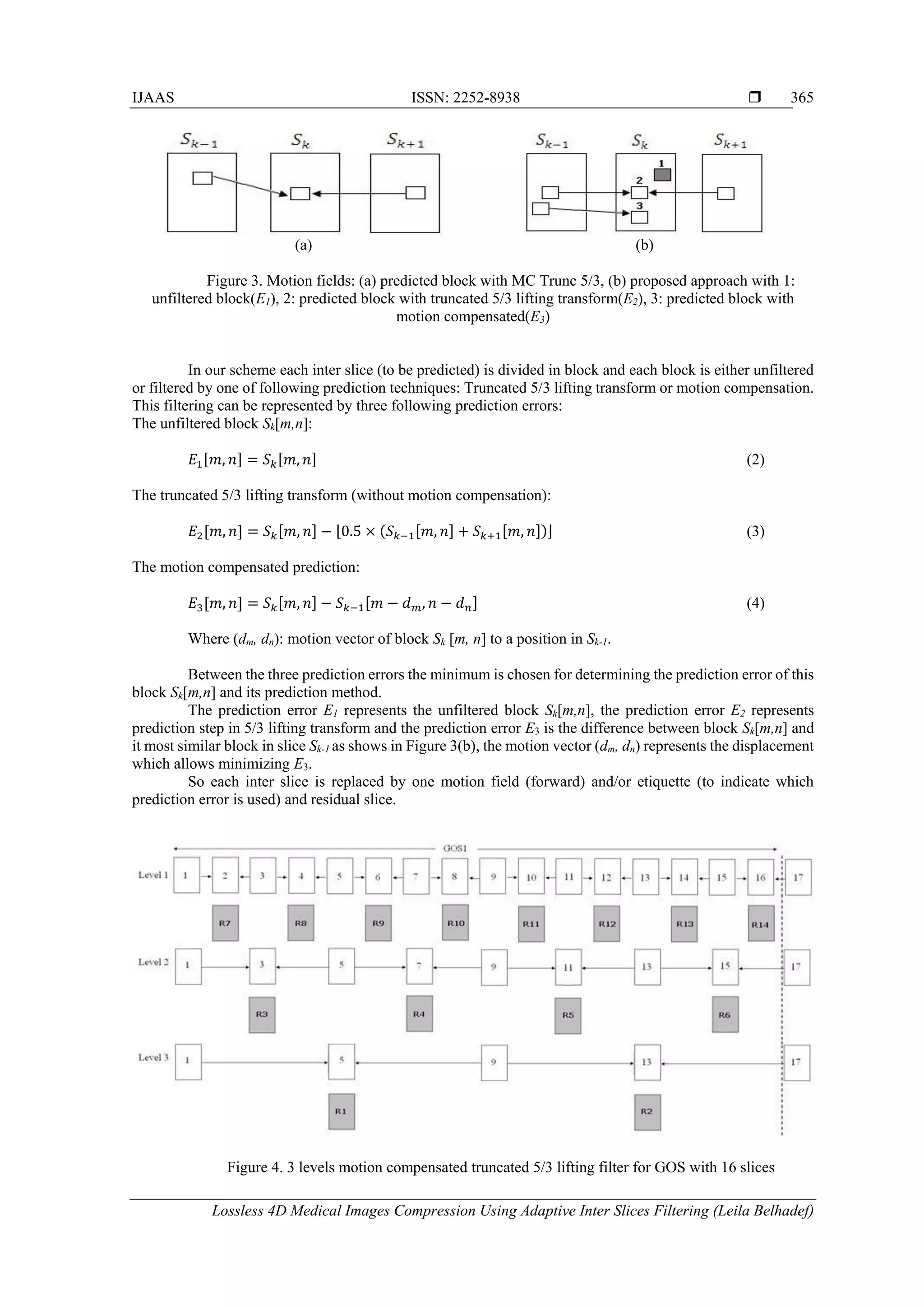 IJAAS ISSN: 2252-8938 
Lossless 4D Medical Images Compression Using Adaptive Inter Slices Filtering (Leila Belhadef)
365
(a) (b)
Figure 3. Motion fields: (a) predicted block with MC Trunc 5/3, (b) proposed approach with 1:
unfiltered block(E1), 2: predicted block with truncated 5/3 lifting transform(E2), 3: predicted block with
motion compensated(E3)
In our scheme each inter slice (to be predicted) is divided in block and each block is either unfiltered
or filtered by one of following prediction techniques: Truncated 5/3 lifting transform or motion compensation.
This filtering can be represented by three following prediction errors:
The unfiltered block Sk[m,n]:
𝐸1[𝑚, 𝑛] = 𝑆 𝑘[𝑚, 𝑛] (2)
The truncated 5/3 lifting transform (without motion compensation):
𝐸2[𝑚, 𝑛] = 𝑆 𝑘[𝑚, 𝑛] − ⌊0.5 × (𝑆 𝑘−1[𝑚, 𝑛] + 𝑆 𝑘+1[𝑚, 𝑛])⌋ (3)
The motion compensated prediction:
𝐸3[𝑚, 𝑛] = 𝑆 𝑘[𝑚, 𝑛] − 𝑆 𝑘−1[𝑚 − 𝑑 𝑚, 𝑛 − 𝑑 𝑛] (4)
Where (dm, dn): motion vector of block Sk [m, n] to a position in Sk-1.
Between the three prediction errors the minimum is chosen for determining the prediction error of this
block Sk[m,n] and its prediction method.
The prediction error E1 represents the unfiltered block Sk[m,n], the prediction error E2 represents
prediction step in 5/3 lifting transform and the prediction error E3 is the difference between block Sk[m,n] and
it most similar block in slice Sk-1 as shows in Figure 3(b), the motion vector (dm, dn) represents the displacement
which allows minimizing E3.
So each inter slice is replaced by one motion field (forward) and/or etiquette (to indicate which
prediction error is used) and residual slice.
Figure 4. 3 levels motion compensated truncated 5/3 lifting filter for GOS with 16 slices
 
