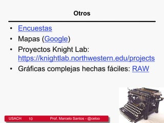 Otros
• Encuestas
• Mapas (Google)
• Proyectos Knight Lab:
https://knightlab.northwestern.edu/projects
• Gráficas complejas hechas fáciles: RAW
USACH 10 Prof. Marcelo Santos - @celoo
 