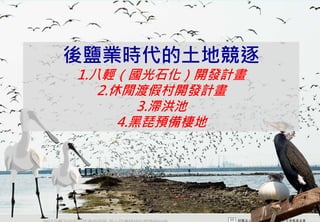 後鹽業時代的土地競逐
       1.八輕（國光石化）開發計畫
          2.休閒渡假村開發計畫
                3.滯洪池
             4.黑琵預備棲地




2012互惠互助的自然資源經營 里山倡議精神的實踐研討會
 