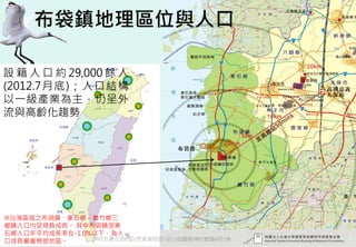布袋鎮地理區位與人口

設 籍 人 口 約 29,000 餘 人
(2012.7月底)；人口結構
以一級產業為主，仍呈外
流與高齡化趨勢




※沿海區域之布袋鎮、東石鄉、義竹鄉三
鄉鎮人口均呈現負成長。 其中布袋鎮及東
石鄉人口年平均成長率在-1.0%以下，為人
                                               2
口成長嚴重衰退地區。      2012互惠互助的自然資源經營-里山倡議精神的實踐研討會
 