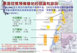 黑面琵鷺預備棲地的倡議和游說
 2002年底發生黑琵肉毒桿菌中毒事件後，SAVE等團體疾聲呼籲將鹽
 田規劃為國際瀕危鳥類黑面琵鷺(大陸稱「黑臉琵鷺」)的腳踏石棲地
                              東石
 （step stone）
                                                                 布袋
          布袋鹽場：四區、五
          區（洲南場）、六區、七區
          （南布袋）、八、九、十區
          （新塭、好美）、東石白水
          湖和網寮

          北門鹽場：王爺                                           北門
          港（南鯤鯓）、井仔腳


          七股鹽場：頂山、
          青鯤鯓、台區（七股鹽                                   七股
          山西側）
註：SAVE International(國際黑面琵鷺後援組織)
成立於1997年，由台、美學界和留學生發起成
立，以保護黑面琵鷺為職志，其中創辦人Randy
Hester教授著力最深。                                曾文溪口主棲地
        2012互惠互助的自然資源經營-里山倡議精神的實踐研討會                                  34
                Source: Randy Hester(2003)
 