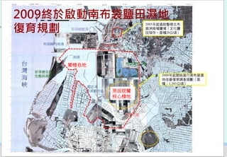 2009終於啟動南布袋鹽田濕地
復育規劃
                                          2005年起協助整修北布
                布袋遊艇港         洲南場鹽田       袋洲南場鹽場（文化鹽
                                          田保存，面積20公頃）


       布袋國內商港             布袋市區


                 潟湖

台               鱟棲息地               布袋濕地公園

灣    好美寮自然
     生態保育區                                     2009年起開始進行南布袋濕
海                                              地改善復育調查規劃（面
峽                    龍宮溪
                                               積：1,385公頃）

                   （八掌溪舊河道）   黑面琵鷺
                              核心棲地


                                   新岑社區




    2012互惠互助的自然資源經營-里山倡議精神的實踐研討會                                36
 