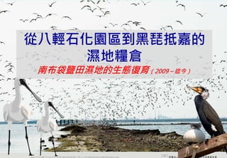 從八輕石化園區到黑琵抵嘉的
     濕地糧倉
  南布袋鹽田濕地的生態復育（2009～迄今）




2012互惠互助的自然資源經營 里山倡議精神的實踐研討會
 