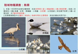 陸域物種調查：鳥類
1. 本區一年四季共記錄51種鳥類，包含保育類Ⅰ級（瀕臨絕種）1種-黑面琵鷺；Ⅱ級（珍
貴稀有）5種-魚鷹、紅隼、黑嘴鷗、小燕鷗、白琵鷺，以及Ⅲ級（其他應予保育）1種--紅
尾伯勞，共7種保育類物種。
2.各類環境類型中以鹽田（99.8%）為鳥利用的主要環境，其他的棲地利用不多。

白琵鷺                   黑嘴鷗




                                     黑嘴鷗    黑腹燕鷗


                      黑面琵鷺



             白琵鷺
                                     黑面琵鷺          紅隼
                                                    46
      2012互惠互助的自然資源經營-里山倡議精神的實踐研討會
 