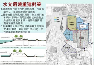水文環境重建對策
1.運用和操作既有水門與抽水機，恢復循
  環水文，並局部疏通淤積潮溝
2.夏季時配合防汛滯洪需要，作為滯洪池；
  冬季時(旱季時)利用漲潮時從東南側上
  方處引入龍宮溪水源，循原有鹽田潮
  溝逐漸溢流各區塊
3.利用濕地公園封閉水域蓄積夏天雨季時                   水庫

  之淡水(濕地公園水域約100公頃)，以
  作為南側乾季時備用水源




從布袋溼地公園以抽水機引入海水剖面示意圖




       2012互惠互助的自然資源經營-里山倡議精神的實踐研討會        58
從贊寮溝滯洪池以抽水機引入淡水
 