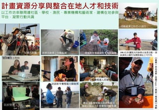 計畫資源分享與整合在地人才和技術
以工作坊串聯周邊社區、學校、漁民、專業機構和藝術家，建構在地參與
平台，凝聚行動共識

                                                      活動產業工作坊-小旅行




           紀錄片拍攝   雨季及乾季之生態監測        環境教育書籍資料蒐集與編撰    100.12.25 團隊共同參與水鳥季活動，測
                                                      試濕地公園作為環教場址之可行性
退田還坔工作坊            海口音景音樂創作                                                 ︻
                                                                            嘉
                                                                            義
                                                                            一
                                                                            百
                                                                            水
                                                                            鳥
                                                                            祭
                                                                              全




                                                                             --
                                        紀錄片拍攝訪談-                              嘉
                                       生態養殖達人邱健程




                                                                             Happy
                       訪談新岑養殖塭主蔡俊男
                                                                             ︵
                                                                             黑
                                                                             琵
                                                                             ︶
                                                                             賞
                                                                             鳥
                                                                             趣
                                                                             ︼
                                      邀請生態養殖達人邱經堯親至                          活
氣候變遷工作坊                              濕地公園給予生態養殖相關建議                          動
                                                                            63
          2012互惠互助的自然資源經營-里山倡議精神的實踐研討會
 