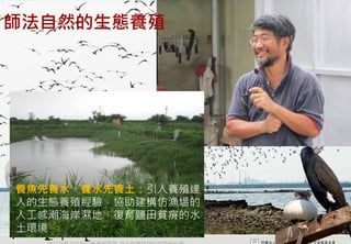 師法自然的生態養殖




養魚先養水、養水先養土：引入養殖達
人的生態養殖經驗，協助建構仿漁塭的
人工感潮海岸濕地，復育鹽田貧瘠的水
土環境
  2012互惠互助的自然資源經營 里山倡議精神的實踐研討會
 