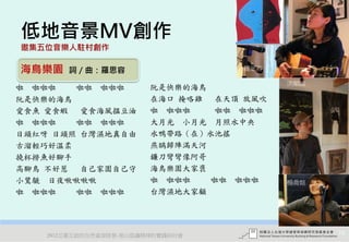 低地音景MV創作
邀集五位音樂人駐村創作

海鳥樂園    詞／曲：羅思容                      羅思容

                                            洪順雄
啦 啦啦啦   啦啦 啦啦啦           阮是快樂的海鳥
阮是快樂的海鳥                  在海口 掩咯雞  在天頂 放風吹
愛食魚 愛食蝦  愛食海風搵豆油         啦 啦啦啦    啦啦 啦啦啦
啦 啦啦啦   啦啦 啦啦啦           大月光 小月光 月照水中央
日頭紅呀 日頭照 台灣濕地真自由         水鴨帶路（在）水池搖
古溜輕巧好溫柔                  燕鷗歸陣滿天河
撓杯撈魚好腳手                  鐮刀彎彎像阿哥
高腳鳥 不好惹  自己家園自己守         海鳥樂園大家褒
小鷿鷈 日夜啾啾啾啾               啦 啦啦啦   啦啦 啦啦啦     楊喬媗
啦 啦啦啦   啦啦 啦啦啦           台灣濕地大家顧




    2012互惠互助的自然資源經營-里山倡議精神的實踐研討會                  70
 