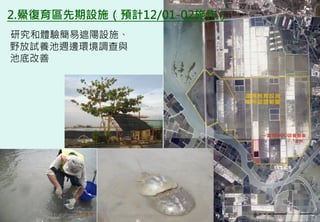 2.鱟復育區先期設施（預計12/01-02施作）
研究和體驗簡易遮陽設施、
野放試養池週邊環境調查與
池底改善




   2012互惠互助的自然資源經營-里山倡議精神的實踐研討會   74
 