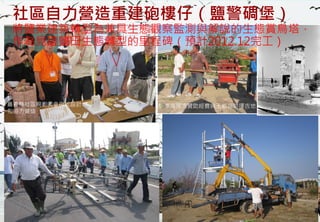 社區自力營造重建砲樓仔（鹽警碉堡）
將鹽業建築轉型為兼具生態觀察監測與解說的生態賞鳥塔，
作為見證鹽田生態轉型的里程碑（預計2012.12完工）




嘉義縣社區規劃師參與式設計                  新岑海國宮贊助經費與王爺協助擇吉地
和協力營造




      2012互惠互助的自然資源經營 里山倡議精神的實踐研討會
 