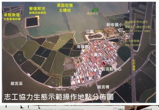 黑面琵鷺
            鱟復育池        主棲地
            遮陽設施營造
承租魚塭                                    棲島營造

生態養殖試驗
                                                        望遠鏡教學與運用
                                                 新岑國小   鱟保育日講座與活動
                                        公園 砲樓仔          (新岑國小自然教室、視聽教
                                                        室)


                                                        風力發電機

                                 海國宮
                                                        (新勝汽車修護所)




                                          廟口
                                                             台
                                                            17
                                                             道
                                           社區活動中心            路




  龍宮溪
                                           龍宮橋

志工協力生態示範操作地點分佈圖
         2012互惠互助的自然資源經營 里山倡議精神的實踐研討會
 
