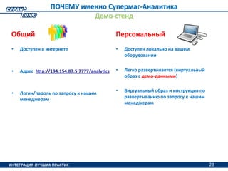 23
ПОЧЕМУ именно Супермаг-Аналитика
Демо-стенд
Общий
• Доступен в интернете
• Адрес http://194.154.87.5:7777/analytics
• Логин/пароль по запросу к нашим
менеджерам
Персональный
• Доступен локально на вашем
оборудовании
• Легко развертывается (виртуальный
образ с демо-данными)
• Виртуальный образ и инструкция по
развертыванию по запросу к нашим
менеджерам
23
 
