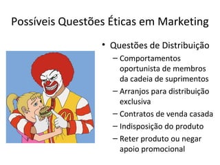 Possíveis Questões Éticas em Marketing
• Questões de Distribuição
– Comportamentos
oportunista de membros
da cadeia de suprimentos
– Arranjos para distribuição
exclusiva
– Contratos de venda casada
– Indisposição do produto
– Reter produto ou negar
apoio promocional

 
