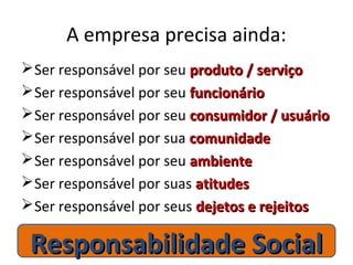 A empresa precisa ainda:
Ser responsável por seu produto / serviçoproduto / serviço
Ser responsável por seu funcionáriofuncionário
Ser responsável por seu consumidor / usuárioconsumidor / usuário
Ser responsável por sua comunidadecomunidade
Ser responsável por seu ambienteambiente
Ser responsável por suas atitudesatitudes
Ser responsável por seus dejetos e rejeitosdejetos e rejeitos
Responsabilidade SocialResponsabilidade Social
 
