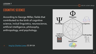 data & content design
LESSON 7
COGNITIVE SCIENCE
According to George Miller, ﬁelds that
contributed to the birth of cognitive
science, includ linguistics, neuroscience,
artiﬁcial intelligence, philosophy,
anthropology, and psychology.
▸ Img by Charles Lowe, CC-BY-SA
11
 