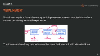 data & content design
Visual memory is a form of memory which preserves some characteristics of our
senses pertaining to visual experience.
The iconic and working memories are the ones that interact with visualizations
LESSON 7
VISUAL MEMORY
24
 
