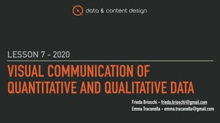 data & content design
Frieda Brioschi - frieda.brioschi@gmail.com
Emma Tracanella - emma.tracanella@gmail.com
VISUAL COMMUNICATION OF
QUANTITATIVE AND QUALITATIVE DATA
LESSON 7 - 2020
 
