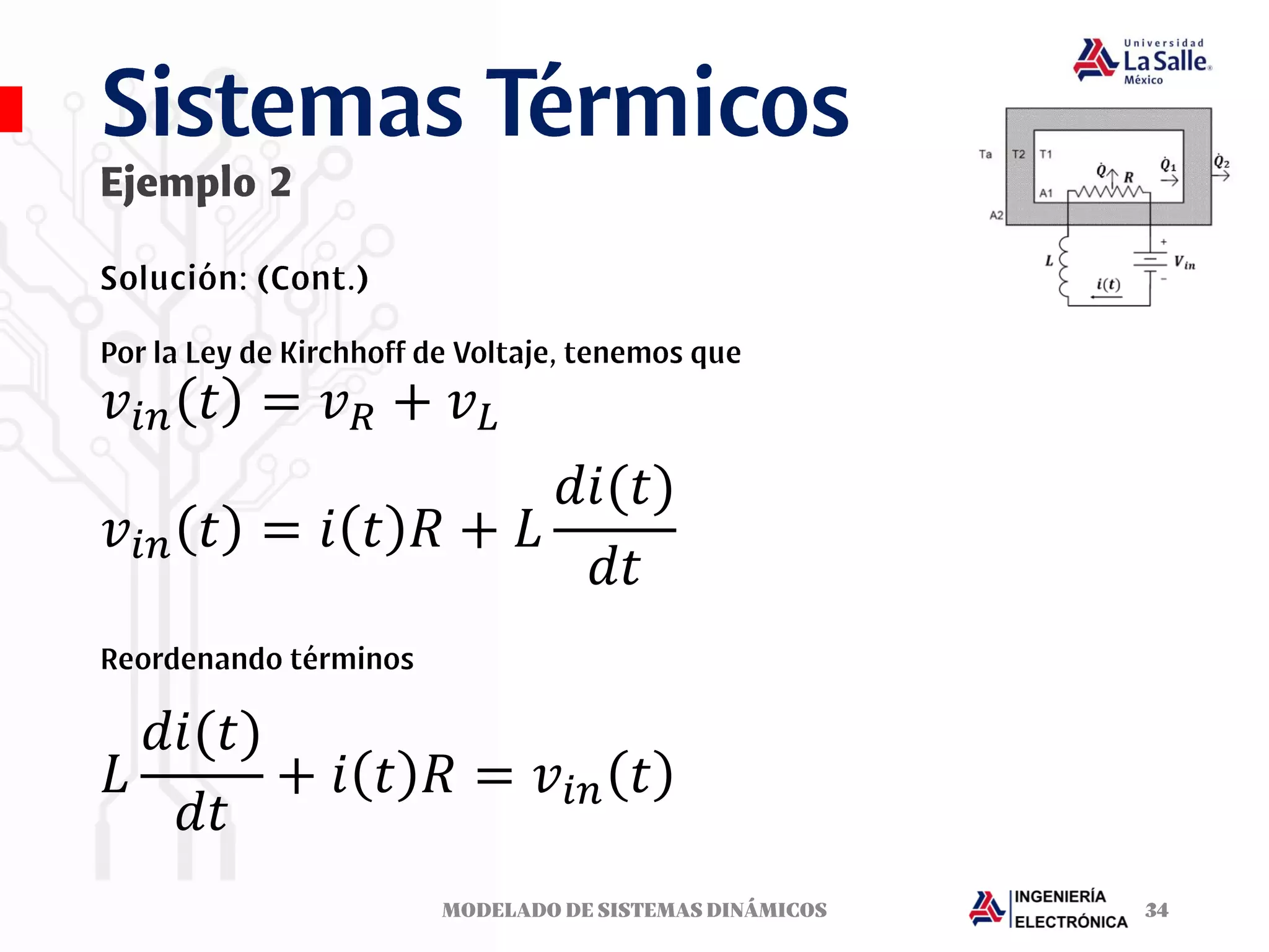 𝑣𝑖𝑛 𝑡 = 𝑣𝑅 + 𝑣𝐿
𝑣𝑖𝑛 𝑡 = 𝑖 𝑡 𝑅 + 𝐿
𝑑𝑖(𝑡)
𝑑𝑡
𝐿
𝑑𝑖(𝑡)
𝑑𝑡
+ 𝑖 𝑡 𝑅 = 𝑣𝑖𝑛 𝑡
 