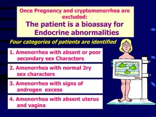 Once Pregnancy and cryptomenorrhea are
excluded:
The patient is a bioassay for
Endocrine abnormalities
Four categories of patients are identified
1. Amenorrhea with absent or poor
secondary sex Characters
2. Amenorrhea with normal 2ry
sex characters
3. Amenorrhea with signs of
androgen excess
4. Amenorrhea with absent uterus
and vagina
 