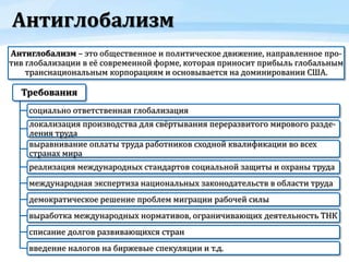 Антиглобализм
Антиглобализм – это общественное и политическое движение, направленное про-
тив глобализации в её современной форме, которая приносит прибыль глобальным
транснациональным корпорациям и основывается на доминировании США.
Требования
социально ответственная глобализация
локализация производства для свёртывания переразвитого мирового разде-
ления труда
выравнивание оплаты труда работников сходной квалификации во всех
странах мира
реализация международных стандартов социальной защиты и охраны труда
международная экспертиза национальных законодательств в области труда
демократическое решение проблем миграции рабочей силы
выработка международных нормативов, ограничивающих деятельность ТНК
списание долгов развивающихся стран
введение налогов на биржевые спекуляции и т.д.
 