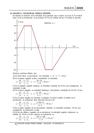 M.R.U.V. 2020
9 WALTER LAURO PÉREZ TERREL / CELULAR: +51-963-930-513
16. GRAFICA: VELOCIDAD VERSUS TIEMPO.
Se muestra la variación de la velocidad de la partícula que se mueve en el eje X. Si el móvil
inicia (t=0) su movimiento en la posición (X=0) con sentido del eje (+X) hacia la derecha.
Entonces podemos afirmar que:
A) El móvil inicia su movimiento con velocidad, 1
0 10 .
t V m s
  
B) En el primer segundo acelera, aumentando su velocidad,
2
0
0
30 10
20 .
1 0
F
F
V V
V
a a m s
t t t


 
    
  
C) En el segundo segundo mantiene su velocidad constante de 30 m/s, por consiguiente, su
velocidad es nula.
D) En el tercer segundo, su velocidad disminuye (movimiento retardado) de 30 m7s a 0 m/s.
2
0
0
0 30
30 .
3 2
F
F
V V
V
a a m s
t t t


 
     
  
E) En el cuarto segundo la velocidad es negativa (el móvil cambió el sentido de su
movimiento, la aceleración tiene dirección del eje (-X);
  2
0
0
30 0
30 .
4 3
F
F
V V
V
a a m s
t t t

 


     
  
F) En el quinto segundo de sus movimiento mantiene su velocidad constante -30 m/s, por
consiguiente su aceleración es nula.
G) En los dos últimos segundos de su movimiento la velocidad negativa disminuye en
módulo de -30 m/s a 0 m/s, entonces la aceleración es,
    2
0
0
0 30
15 .
7 5
F
F
V V
V
a a m s
t t t

 


     
  
V (m/s)
t (s)
1 2
3
4 5 6 7
O
10
20
-10
-20
GRAFICA: v-- t
30
-30
 