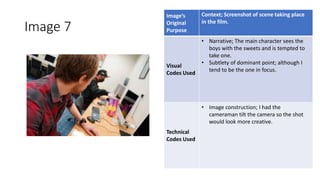 Image 7
Image’s
Original
Purpose
Context; Screenshot of scene taking place
in the film.
Visual
Codes Used
• Narrative; The main character sees the
boys with the sweets and is tempted to
take one.
• Subtlety of dominant point; although I
tend to be the one in focus.
Technical
Codes Used
• Image construction; I had the
cameraman tilt the camera so the shot
would look more creative.
Image
Here
 