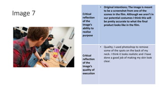 Image 7 Critical
reflection
of the
image’s
ability to
realise
purpose
• Original intentions; The image is meant
to be a screenshot from one of the
scenes in the film. Although we aren’t in
our potential costumes I think this will
be pretty accurate to what the final
product looks like in the film.
Critical
reflection
of the
image’s
quality of
execution
• Quality; I used photoshop to remove
some of the spots on the back of my
neck. I think it looks realistic and I have
done a good job of making my skin look
clear.
Image
Here
 