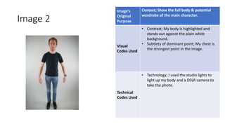 Image 2
Image’s
Original
Purpose
Context; Show the full body & potential
wardrobe of the main character.
Visual
Codes Used
• Contrast; My body is highlighted and
stands out against the plain white
background.
• Subtlety of dominant point; My chest is
the strongest point in the image.
Technical
Codes Used
• Technology; I used the studio lights to
light up my body and a DSLR camera to
take the photo.
Image
Here
 