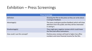 Exhibition – Press Screenings
Press Screenings
Definition Showing the film to the press so they can write about
it and give feedback.
Advantage(s) The press could give positive feedback which will draw
attention from the public and they will be interested
in seeing it.
Disadvantage(s) They might give negative reviews which could lower
the films box office estimations.
How could I use this concept? Positive press reviews will lead to higher box office
numbers and more financial income for the film.
 