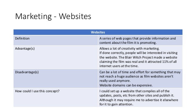 Marketing - Websites
Websites
Definition A series of web pages that provide information and
content about the film it is promoting.
Advantage(s) Allows a lot of creativity with marketing.
If done correctly, people will be interested in visiting
the website. The Blair Witch Project made a website
claiming the film was real and it attracted 11% of all
internet users at the time.
Disadvantage(s) Can be a lot of time and effort for something that may
not reach a huge audience as film websites aren’t
really used anymore.
Website domains can be expensive.
How could I use this concept? I could set up a website that compiles all of the
updates, posts, etc from other sites and publish it.
Although it may require me to advertise it elsewhere
for it to gain attention.
 