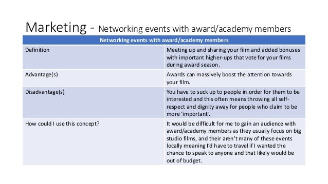 Marketing - Networking events with award/academy members
Networking events with award/academy members
Definition Meeting up and sharing your film and added bonuses
with important higher-ups that vote for your films
during award season.
Advantage(s) Awards can massively boost the attention towards
your film.
Disadvantage(s) You have to suck up to people in order for them to be
interested and this often means throwing all self-
respect and dignity away for people who claim to be
more ‘important’.
How could I use this concept? It would be difficult for me to gain an audience with
award/academy members as they usually focus on big
studio films, and their aren’t many of these events
locally meaning I’d have to travel if I wanted the
chance to speak to anyone and that likely would be
out of budget.
 