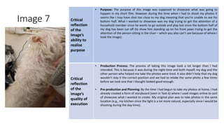 Image 7 Critical
reflection
of the
image’s
ability to
realise
purpose
• Purpose: The purpose of this image was supposed to showcase what was going to
happen in my short film. However during the time when I had to shoot my photos it
seems like I may have shot too close to my dog meaning that you’re unable to see his
bottom half. What I wanted to showcase was my dog trying to get the attention of a
household member since he wants to go outside and play but since the bottom half of
my dog has been cut off (to show him standing up on his front paws trying to get the
attention of the person sitting in the chair – which you also can’t see because of where I
took the image).
Critical
reflection
of the
image’s
quality of
execution
• Production Process: The process of taking this image took a lot longer than I had
intended. This is because it was during the night-time and both myself, my dog and the
other person who helped me take the photos were tired. It also didn’t help that my dog
wouldn’t stay it the correct position and we had to retake the same photo a few times
before we took one that I thought looked good enough.
• Pre-production and Planning: By the time I had begun to take my photos at home, I had
already created a form of storyboard (seen in Task 6) where I used images online to sort
of showcase what I wanted to create. My original plan was to take photos in the same
location (e.g., my kitchen since the light is a lot more natural, especially since I would be
shooting during the day-time).
Image
Here
 