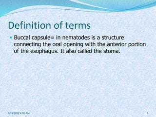 Definition of terms
 Buccal capsule= in nematodes is a structure
connecting the oral opening with the anterior portion
of the esophagus. It also called the stoma.
8/19/2022 4:00 AM 6
 