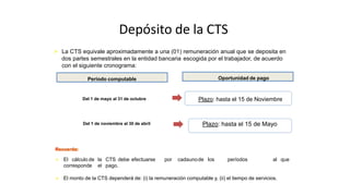 Depósito de la CTS
Del 1 de mayo al 31 de octubre
Del 1 de noviembre al 30 de abril
Plazo: hasta el 15 de Noviembre
Oportunidad de pago
 La CTS equivale aproximadamente a una (01) remuneración anual que se deposita en
dos partes semestrales en la entidad bancaria escogida por el trabajador, de acuerdo
con el siguiente cronograma:
Plazo: hasta el 15 de Mayo
Período computable
 El cálculo de la CTS debe efectuarse por cadaunode los períodos al que
corresponde el pago.
 El monto de la CTS dependerá de: (i) la remuneración computable y, (ii) el tiempo de servicios.
 