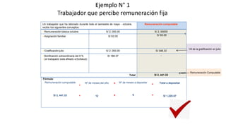 Ejemplo N° 1
Trabajador que percibe remuneración fija
Fórmula:
Remuneración computable
÷
S/ 2, 441.33 ÷
Nº de meses del año
12
x Nº de meses a depositar
=
x 6 =
Total a depositar
S/ 1,220.67
Un trabajador que ha laborado durante todo el semestre de mayo - octubre,
recibe los siguientes conceptos:
Remuneración computable
Remuneración básica octubre S/ 2, 000.00 S/ 2, 00000
Asignación familiar S/ 93.00 S/ 93.00 1
Gratificación julio S/ 2, 093.00 S/ 348.33
Bonificación extraordinaria del 9 %
(el trabajador está afiliado a EsSalud)
S/ 188.37 -
Total
com
S/ 2, 441.33
1/6 de la gratificación en julio
Remuneración Computable
 