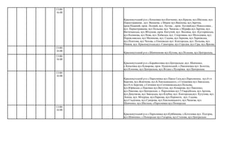 Краснокутський р-н с.Шевченково вул.Кутова, вул.Польова, вул.Центральна,
13:00-
16:00
Краснокутський р-н с.Качалівка вул.Китченко, вул.Красна, вул.Шкільна, вул.
Першотравнева , вул. Вишнева. с.Мирне вул.Вишнева, вул.Зарічна,
пров.Піщаний, пров. Лісовий, вул. Лугова. , пров. Луговий,вул Новоселівка ,
вул. Першотравнева, вул Польова, вул. Чапаєва, с.Мурафа вул.Зарічна, вул.
Вигінчанська, вул.Яблунева ,пров. Квітучий, вул. Весняна, вул. Кусторянська,
вул.Калинова, вул Нова, вул. Київська, вул. Спортивна, вул Молодіжна, вул.
Переяславська, вул Малинова, вул. Садова, вул.Зернова, вул Харківська,
вул.Поштова, вул Чехова, с.Оленівське вул. Конторська, вул. Польова, вул.
Нижня, вул. Краснокутська,вул. Санаторна, вул.Середня, вул Сіра, вул.Яркова.
13:00-
16:00
13:00-
16:00
Краснокутський р-н с.Карайкозівка вул.Центральна ,вул. Шевченко,
с.Качалівка вул.Комарова, пров. Пушкінський, с.Павлюківка вул. Болотна,
вул.Кленова, вул.Центральна, вул.Ягідна с.Пузирівка вул.Центральна
13:00-
16:00
Краснокутський р-н с.Пархомівка вул.Павла Сала,вул.Пархоменка, вул.8-го
Березня, вул.Жовтнева, вул.Б.Хмельницького, с.Степанівка вул.Заводська,
вул.8-го Березня, с.Ситники вул.Ситниківська,вул.Польова,
вул.Юрївська.,с.Павлівка вул.Ватутіна, вул Комарова, вул Павленко,
вул.Павлова, вул.Центральна. с. Пархомівка вул 5 Гвардійська, вул Артема,
вул.Докучаєва, вул Заводська, вул.Клубна, вул. Конторська,вул. Кутузова, вул.
Леніна, вул. Мічуріна, вул.Паркова, вул.Перемоги, вул. Садова,
вул.Стадіонна, вул.Суворова, вул.Хмельницького, вул.Чапаєва, вул.
Шевченко, вул.Шкільна, сПархомівка вул.Піонерська
13:00-
16:00
Краснокутський р-н с.Пархомівка вул.Куйбишева, с.Котелевка вул. Підгірна,
вул.Шевченко, с.Піонерське вул Гагаріна, вул.Степова, вул.Центральна
 