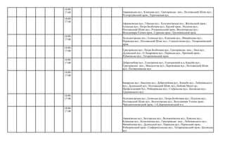 14:00-
17:00 Аврамівська вул.; Клапцова вул.; Григорівське шос.; Полтавський Шлях вул.;
Розторгуївський пров.; Териховская вул.
14:00-
17:00
Афанасівська вул.; Гіївська вул.; Холодногірська вул.; Жилівський пров.;
Іллінська вул.; Петра Болбочана вул.; Крутий пров.; Підлісна вул.;
Полтавський Шлях вул.; Рохманінський пров.; Волонтерська вул.;
Володимира Усенка пров.; Сурікова пров.; Трохимівський пров.
14:00-
17:00 Холодногірська вул.; Іллінська вул.; Клапцова вул.; Минайленка вул.;
Пермська вул.; Полтавський Шлях вул.; Соціалістична вул.; Титаренківський
пров.
14:00-
17:00 Григорівська вул.; Петра Болбочана вул.; Григорівське шос.; Лиса вул.;
Дудінськой вул.; О Лазаревича вул.; Пермська вул.; Проїзний пров.;
Рубанівська вул.; Титаренківський пров.
14:00-
17:00 Добролюбова вул.; Електрична вул.; Електричний в-д; Кашуби вул.;
Григорівське шос.; Менделєєва вул.; Переможців вул.; Полтавський Шлях
вул.; Посівкомівська вул.
14:00-
17:00
Баварська вул.; Бакуніна вул.; Добролюбова вул.; Кашуби вул.; Лобачевського
вул.; Дудінськой вул.; Полтавський Шлях вул.;Любови Малої пр.;
Профспілковий бул.; Робкорівська вул.; Стефенсона вул.; Цехівська вул.;
Грушевського вул..
14:00-
17:00 Холодногірська вул.; Іллінська вул.; Петра Болбочана вул.; Підлісна вул.;
Полтавський Шлях вул.; Волонтерська вул.; Володимира Усенка пров.;
Чередниченківський пров.; 1-й Дорошенківський в-д
14:00-
17:00
Аврамівська вул.; Болгарська вул.; Воложанівська вул.; Камська вул.;
Клапцова вул.; Козюлінська вул.; Григорівське шос.; Лобачевського вул.;
Минайленка вул.; Дудінськой вул.; Пермська вул.; Пермський пров.;
Робкорівський пров.; Сімферопольська вул.; Титаренківський пров.; Цехівська
вул.
 