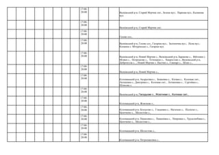Валківський р-н, Старий Мерчик смт.
Газове сел.,
Валківський р-н, Новий Мерчик с.,
Коломацький р-н, Жовтневе с.,
Коломацький р-н, Шелестове с.,
Коломацький р-н, Петропавлівка с.,
17:00-
20:00 Валківський р-н, Старий Мерчик смт., Зелена вул.; Паркова вул.; Калинова
вул.
17:00-
20:00
17:00-
20:00
17:00-
20:00 Валківський р-н, Газове сел., Гагаріна вул.; Залізнична вул.; Лісна вул.;
Копанки с. Мічурінське с., Гагаріна вул.
17:00-
20:00 Валківський р-н, Новий Мерчик с., Валківський р-н, Баранове с., Війтенки с.
Мізяки с., Петренкове с., Тетющине с., Хворостове с., Валківський р-н,
Добропілля с., ; Новий Мерчик с. Пасічне с., Свинарі с., Шлях с.,
17:00-
20:00
17:00-
20:00 Коломацький р-н, Андрусівка с., Божківка с., Кісівка с., Коломак смт.,
Латишівка с., Дмитрівка с., Коломак смт., Логвинівка с., Сургаївка с.,
Шляхове с.
17:00-
20:00
Валківський р-н, Гвоздьове с., Жовтневе с., Коломак смт.,
17:00-
20:00
17:00-
20:00 Коломацький р-н, Білоусове с., Гладківка с., Нагальне с., Підлісне с.,
Цепочкіне с., Шелестове с.,
17:00-
20:00 Коломацький р-н, Панасовка с., Пащенівка с., Покровка с., Трудолюбівка с.,
Цепочкіне с., Шелестове с.,
17:00-
20:00
17:00-
20:00
 