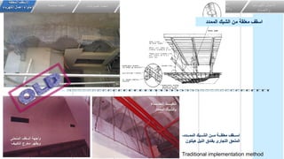 ‫الكهربائي‬ ‫االعمال‬
‫ة‬
‫واالضاءة‬
‫اعمال‬
‫التكيي‬
‫ف‬
‫وااللكتروميكانيكية‬
‫انظمة‬
‫األمن‬
‫واالمان‬
‫و‬ ‫انذار‬ ‫انظمة‬
‫الحرائق‬ ‫مكافحة‬
‫الصوتيات‬ ‫انظمة‬
‫خاصة‬ ‫انظمة‬
‫المعلقة‬ ‫االسقف‬
‫الكهرباء‬ ‫اعمال‬ ‫الحتواء‬
‫الشب‬ ‫من‬ ‫معلقة‬ ‫اسقف‬
‫ك‬
‫الممدد‬
Traditional implementation method
‫قققدد‬‫ق‬‫المم‬ ‫قققبك‬‫ق‬‫الش‬ ‫قققن‬‫ق‬‫م‬ ‫قققة‬‫ق‬‫معلق‬ ‫ققققف‬‫ق‬‫اس‬
-
‫هيلت‬ ‫النيل‬ ‫بفندق‬ ‫التجارى‬ ‫الملحق‬
‫ون‬
‫المنحنى‬ ‫السقف‬ ‫واجهة‬
‫التكييف‬ ‫مخرج‬ ‫ويظهر‬
‫ققققققاء‬‫ق‬‫انحن‬ ‫ققققققذ‬‫ق‬‫تنفي‬
‫الممدد‬ ‫بالشبك‬
 