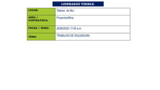 LIDERAZGO VISIBLE.
LUGAR: Talleres de Mur
AREA /
CONTRATISTA:
Proyectos/Mina.
FECHA / HORA: 26/06/2022/ 11:00 a.m.
TEMA: TRABAJOS DE SOLDADURA
 