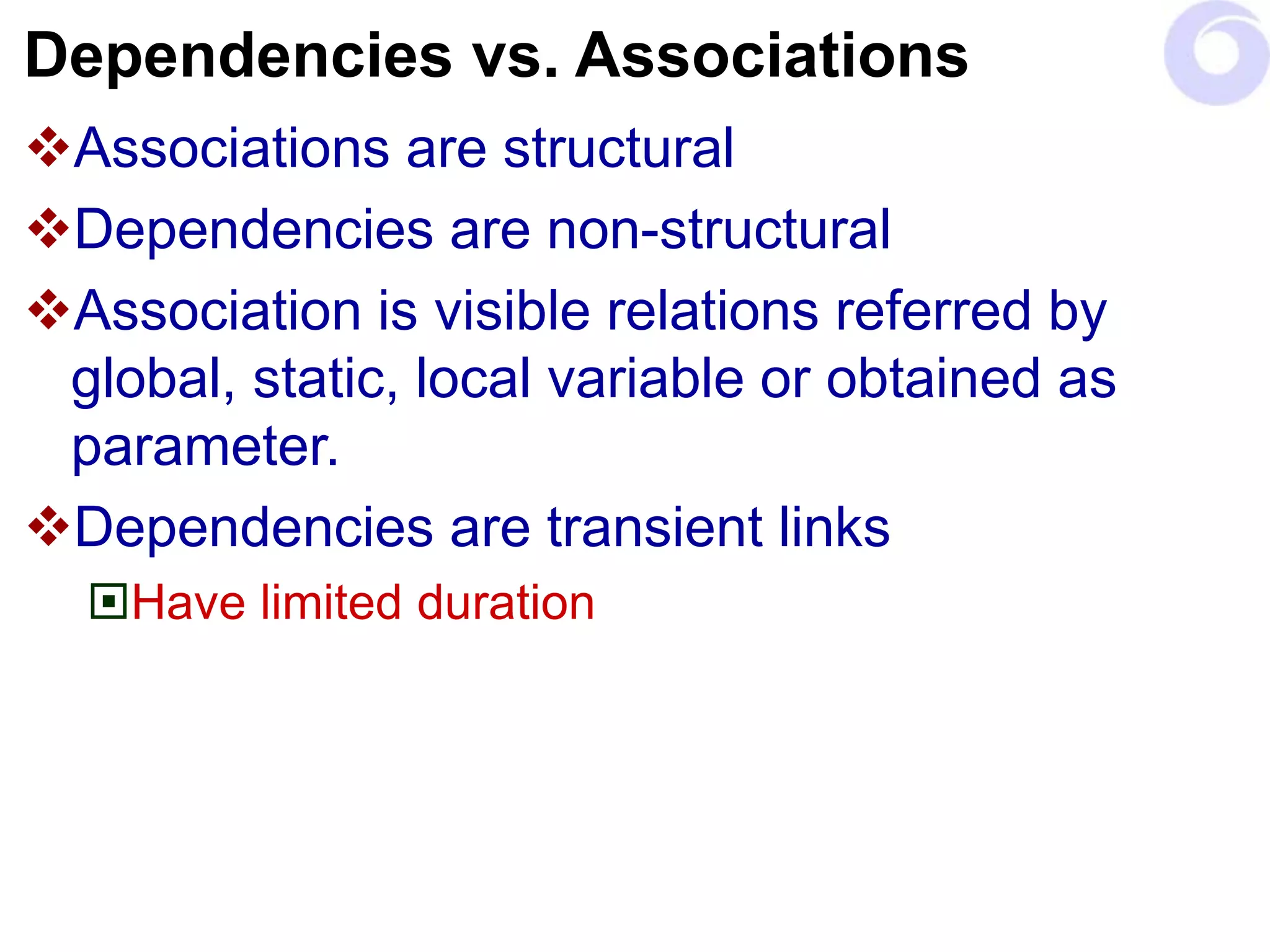 Dependencies vs. Associations
Associations are structural
Dependencies are non-structural
Association is visible relations referred by
global, static, local variable or obtained as
parameter.
Dependencies are transient links
Have limited duration
 