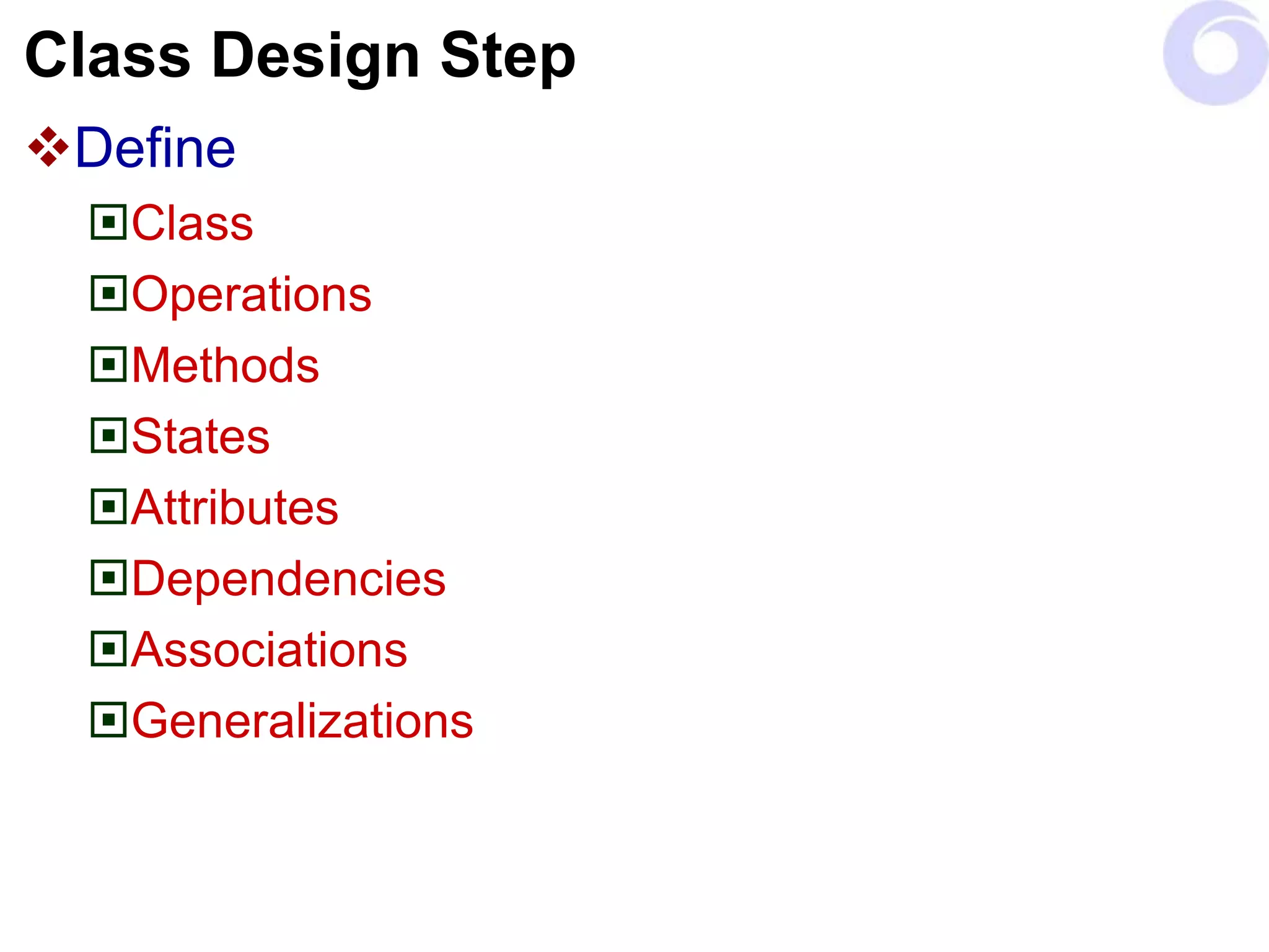 Class Design Step
Define
Class
Operations
Methods
States
Attributes
Dependencies
Associations
Generalizations
 